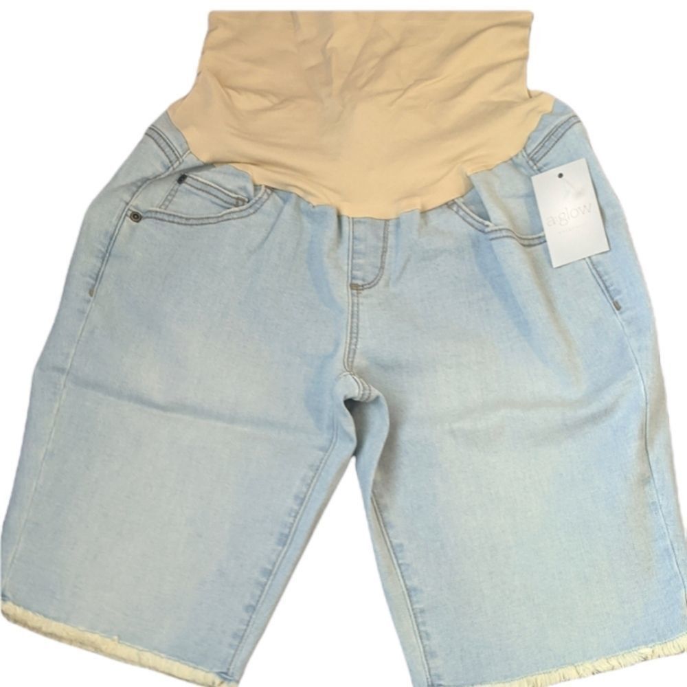 NEW  Maternity a:glow Cut off Hem Full  Belly Panel Denim Bermuda Shorts Size 8